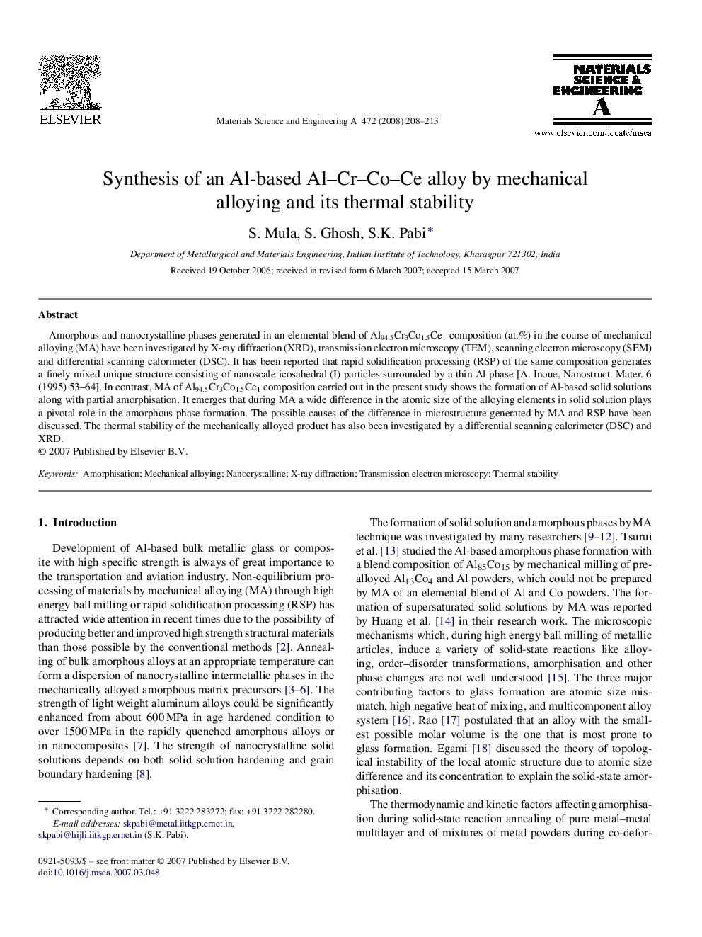 Synthesis of an Al-based Al-Cr-Co-Ce alloy by mechanical alloying and its thermal stability