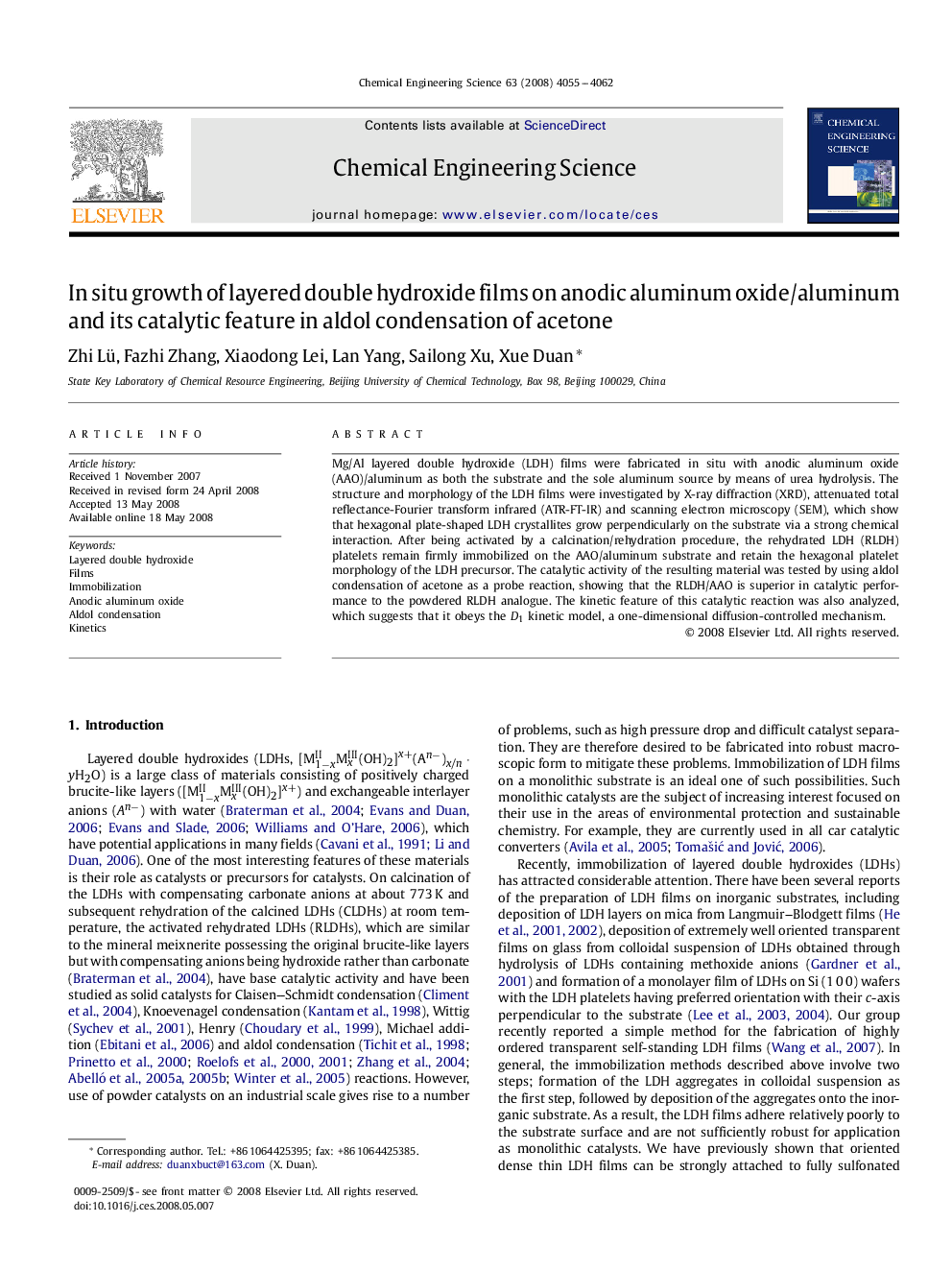 In situ growth of layered double hydroxide films on anodic aluminum oxide/aluminum and its catalytic feature in aldol condensation of acetone