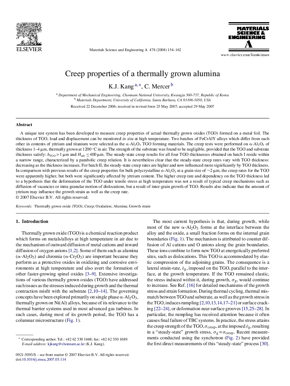 Creep properties of a thermally grown alumina