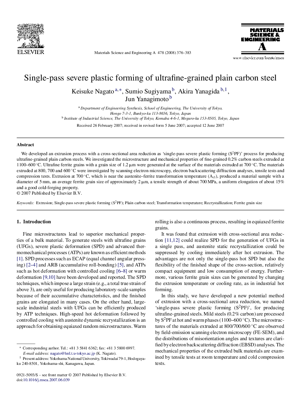 Single-pass severe plastic forming of ultrafine-grained plain carbon steel