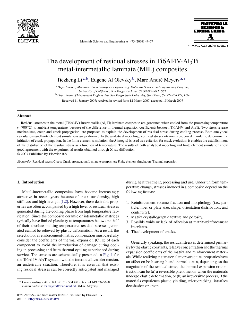 The development of residual stresses in Ti6Al4V-Al3Ti metal-intermetallic laminate (MIL) composites