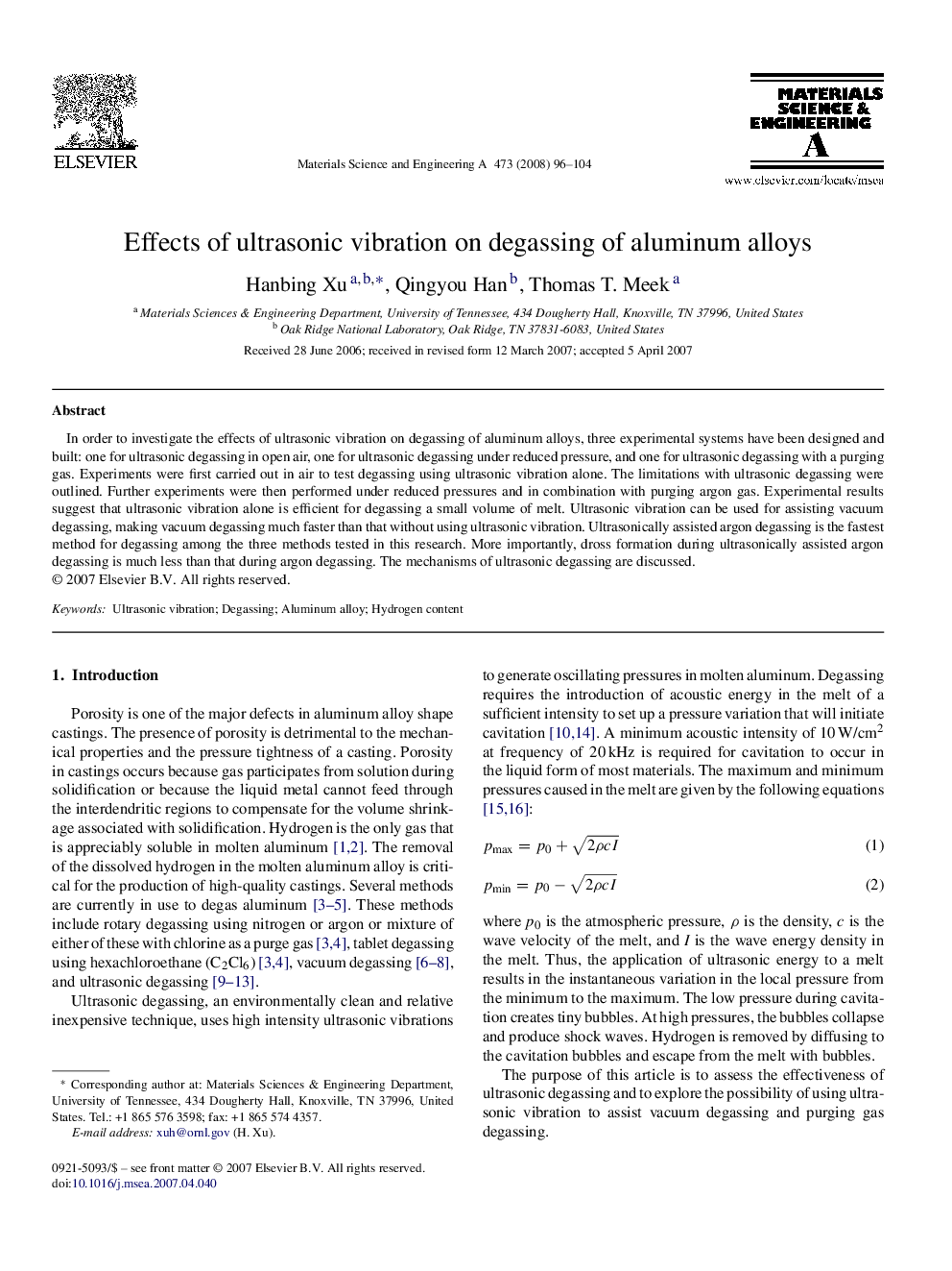 Effects of ultrasonic vibration on degassing of aluminum alloys