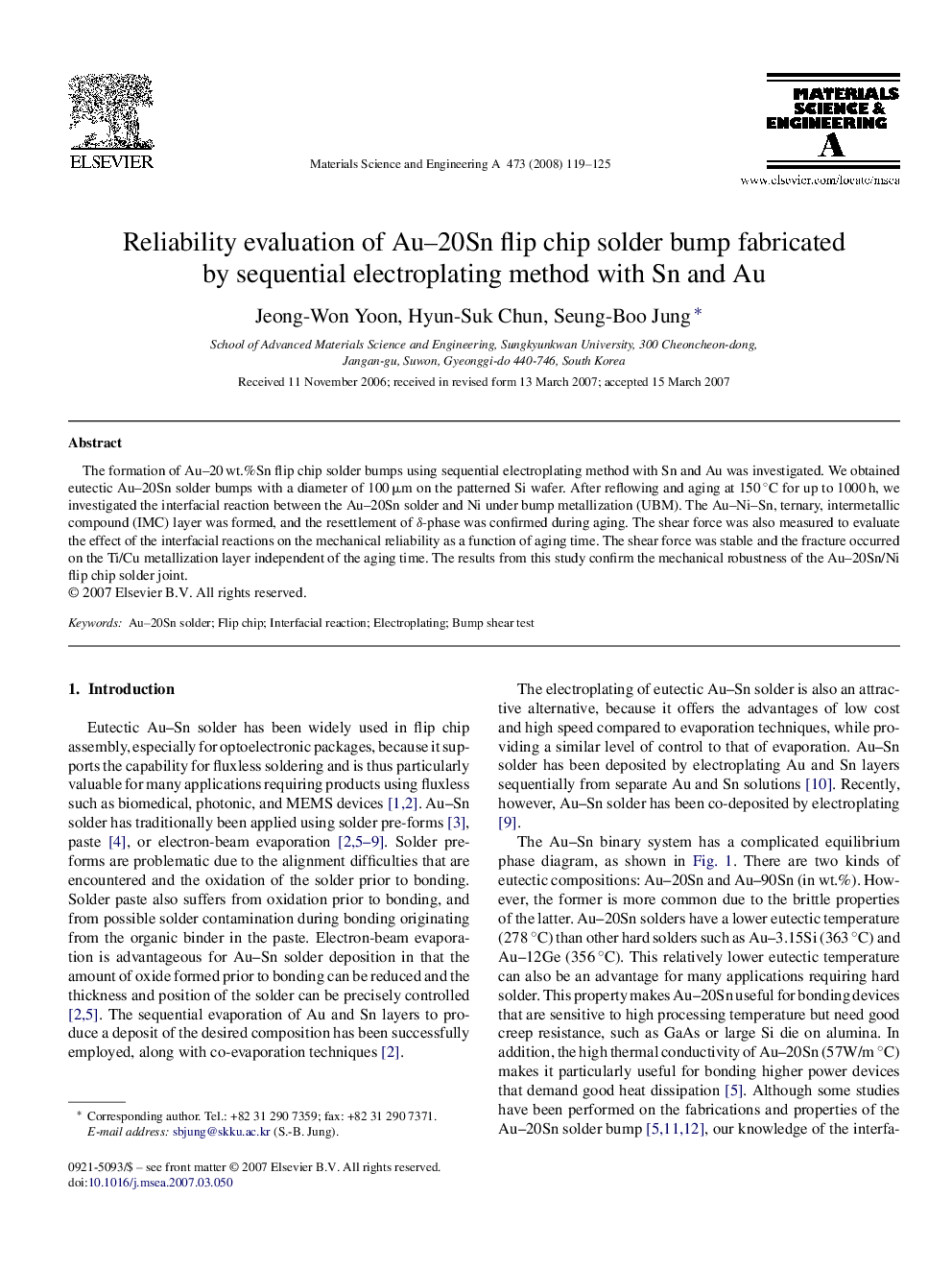 Reliability evaluation of Au-20Sn flip chip solder bump fabricated by sequential electroplating method with Sn and Au