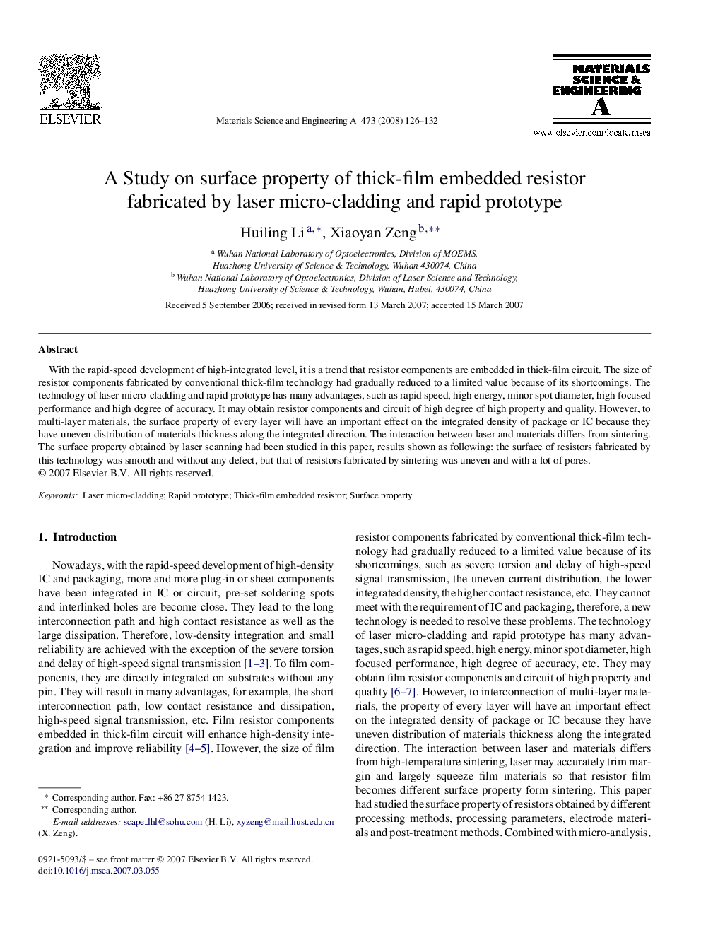 A Study on surface property of thick-film embedded resistor fabricated by laser micro-cladding and rapid prototype