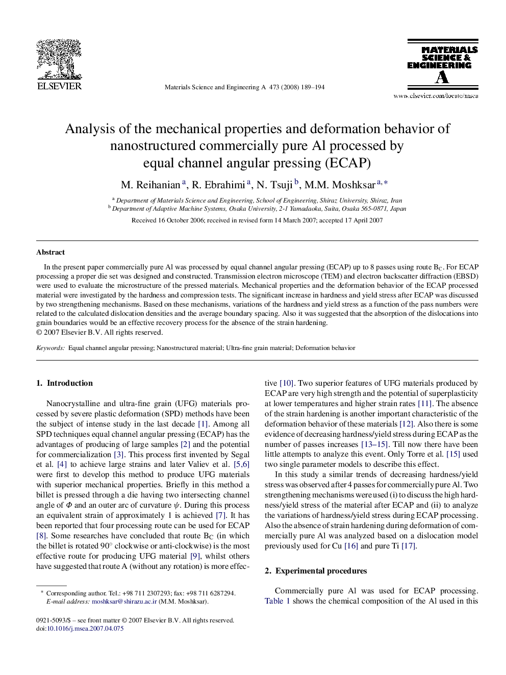 Analysis of the mechanical properties and deformation behavior of nanostructured commercially pure Al processed by equal channel angular pressing (ECAP)