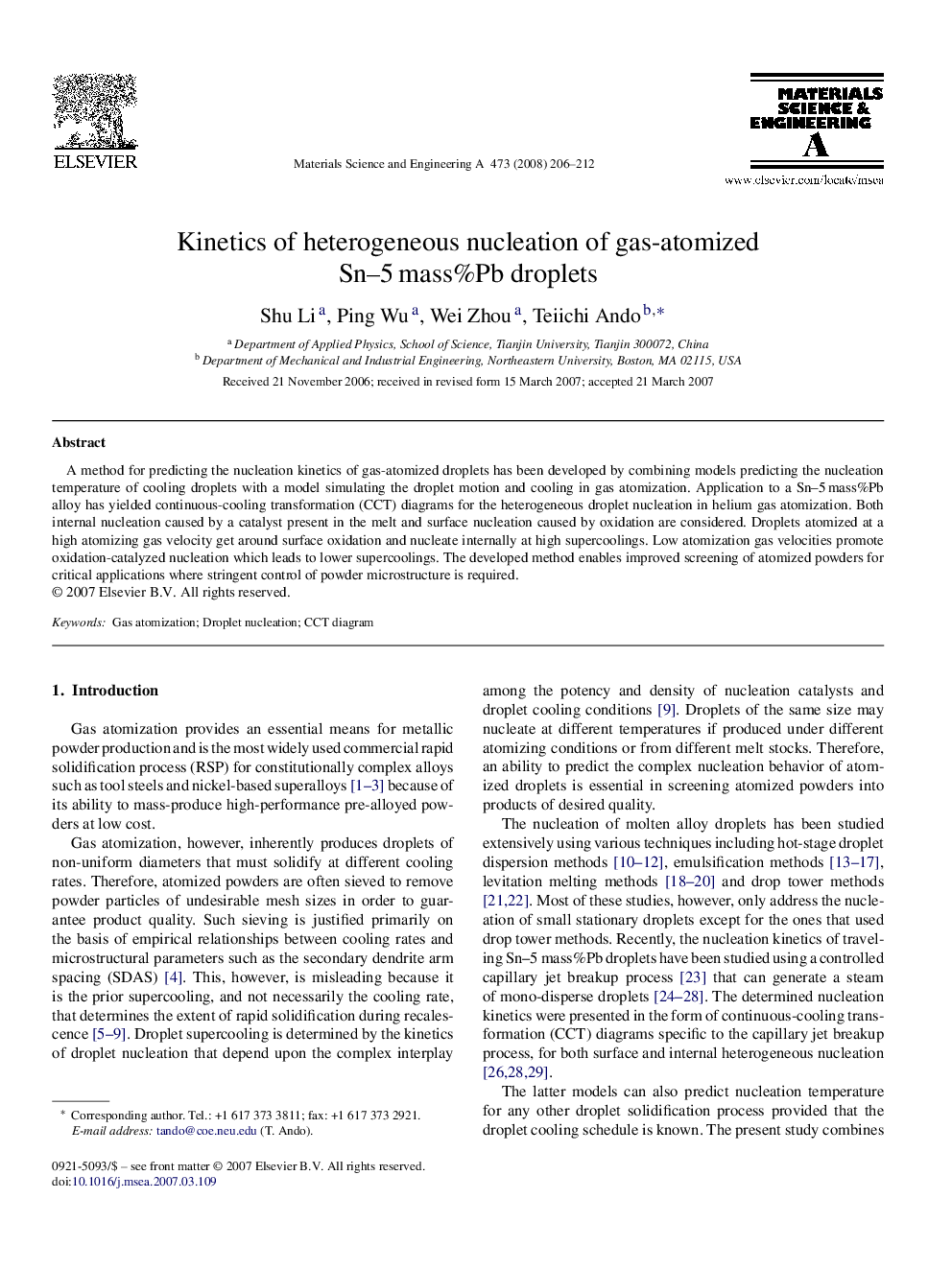 Kinetics of heterogeneous nucleation of gas-atomized Sn–5 mass%Pb droplets