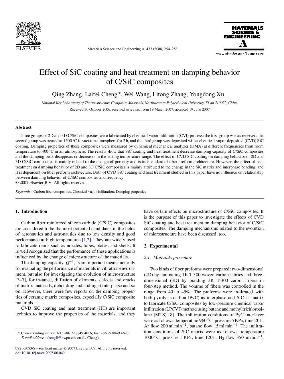 Effect of SiC coating and heat treatment on damping behavior of C/SiC composites