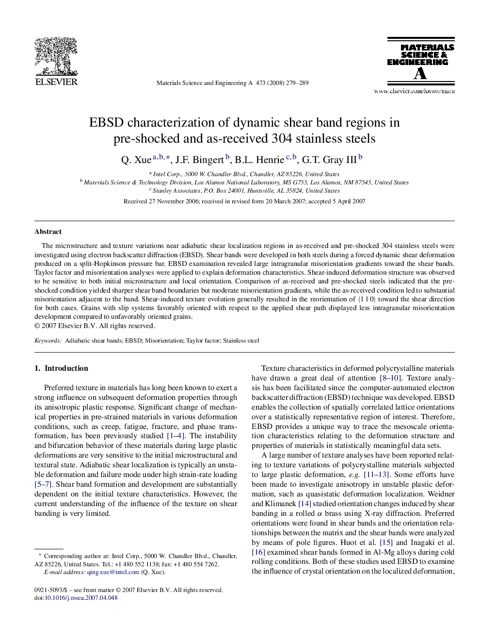 EBSD characterization of dynamic shear band regions in pre-shocked and as-received 304 stainless steels