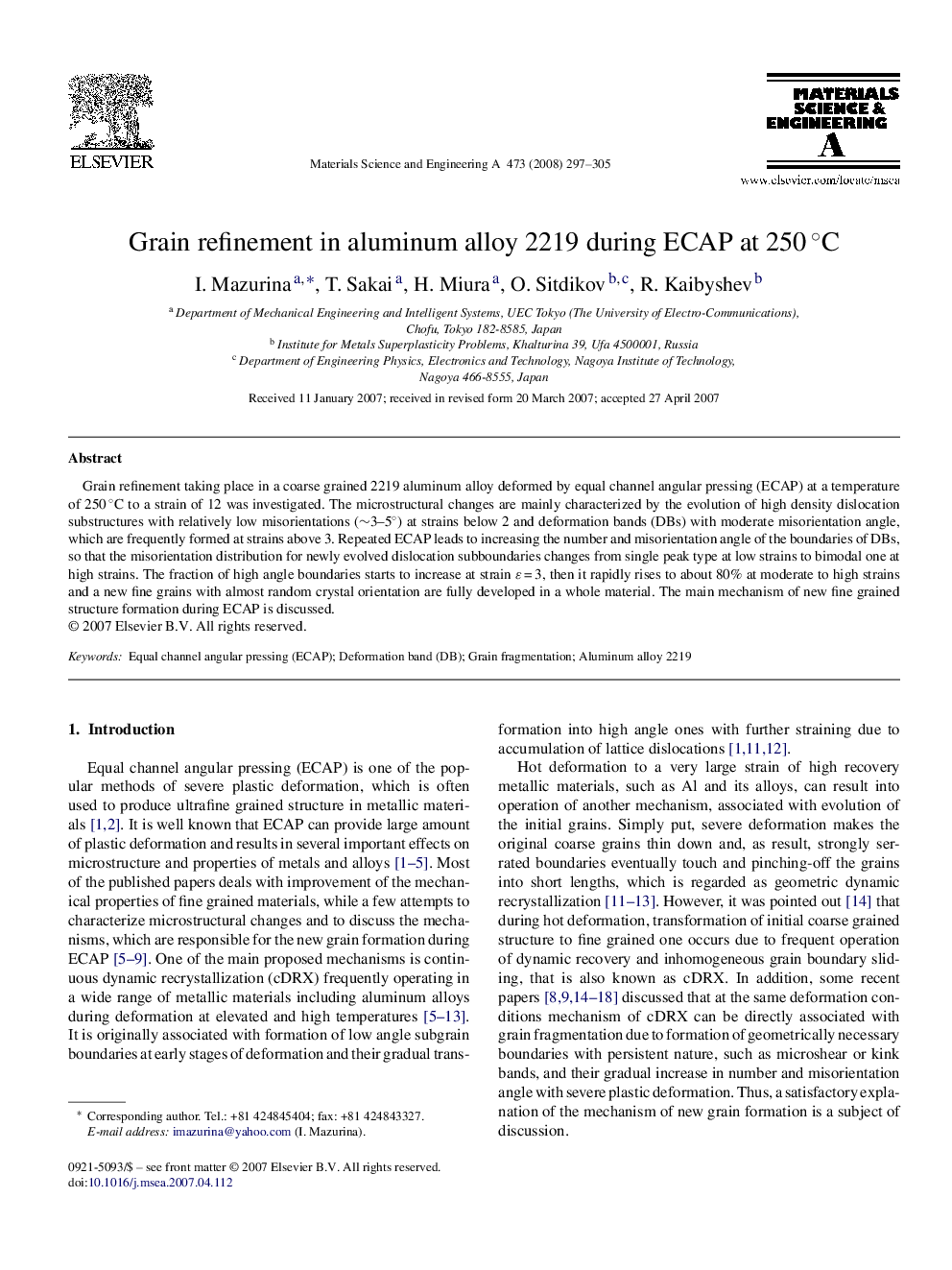 Grain refinement in aluminum alloy 2219 during ECAP at 250 °C