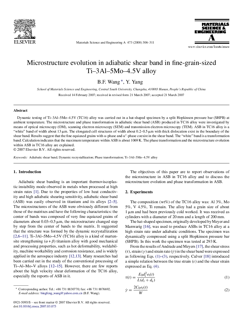 Microstructure evolution in adiabatic shear band in fine-grain-sized Ti–3Al–5Mo–4.5V alloy