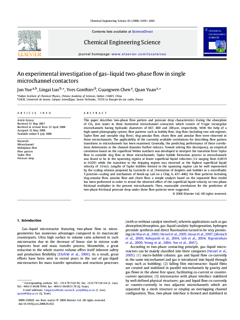 An experimental investigation of gas–liquid two-phase flow in single microchannel contactors