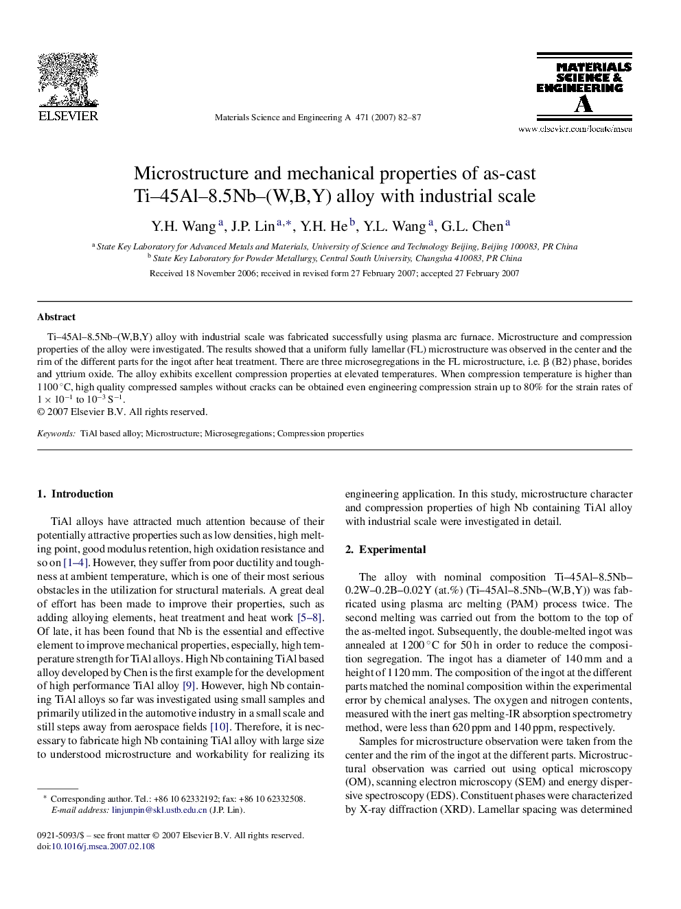 Microstructure and mechanical properties of as-cast Ti–45Al–8.5Nb–(W,B,Y) alloy with industrial scale