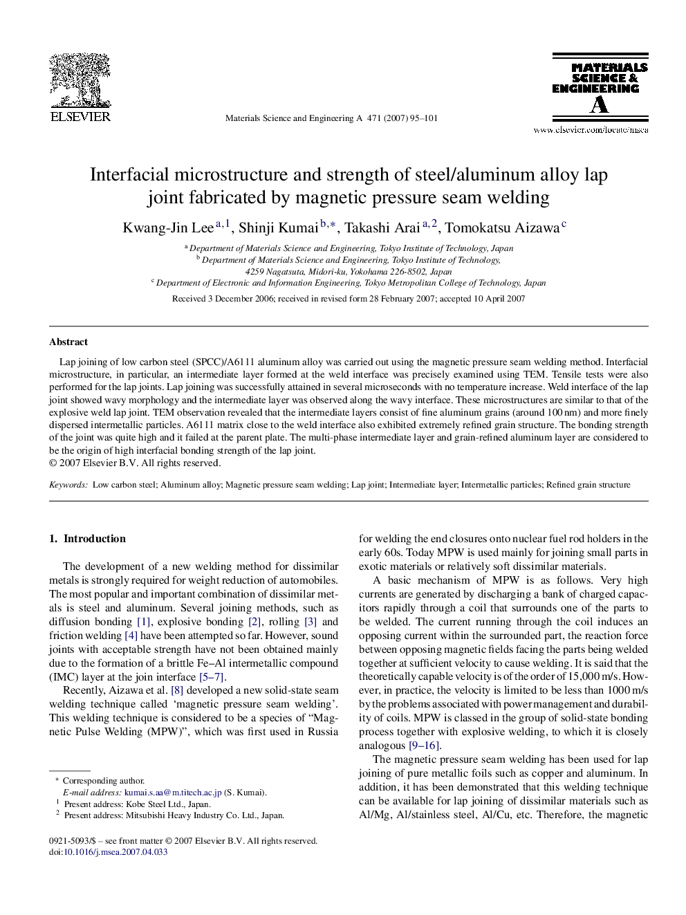 Interfacial microstructure and strength of steel/aluminum alloy lap joint fabricated by magnetic pressure seam welding