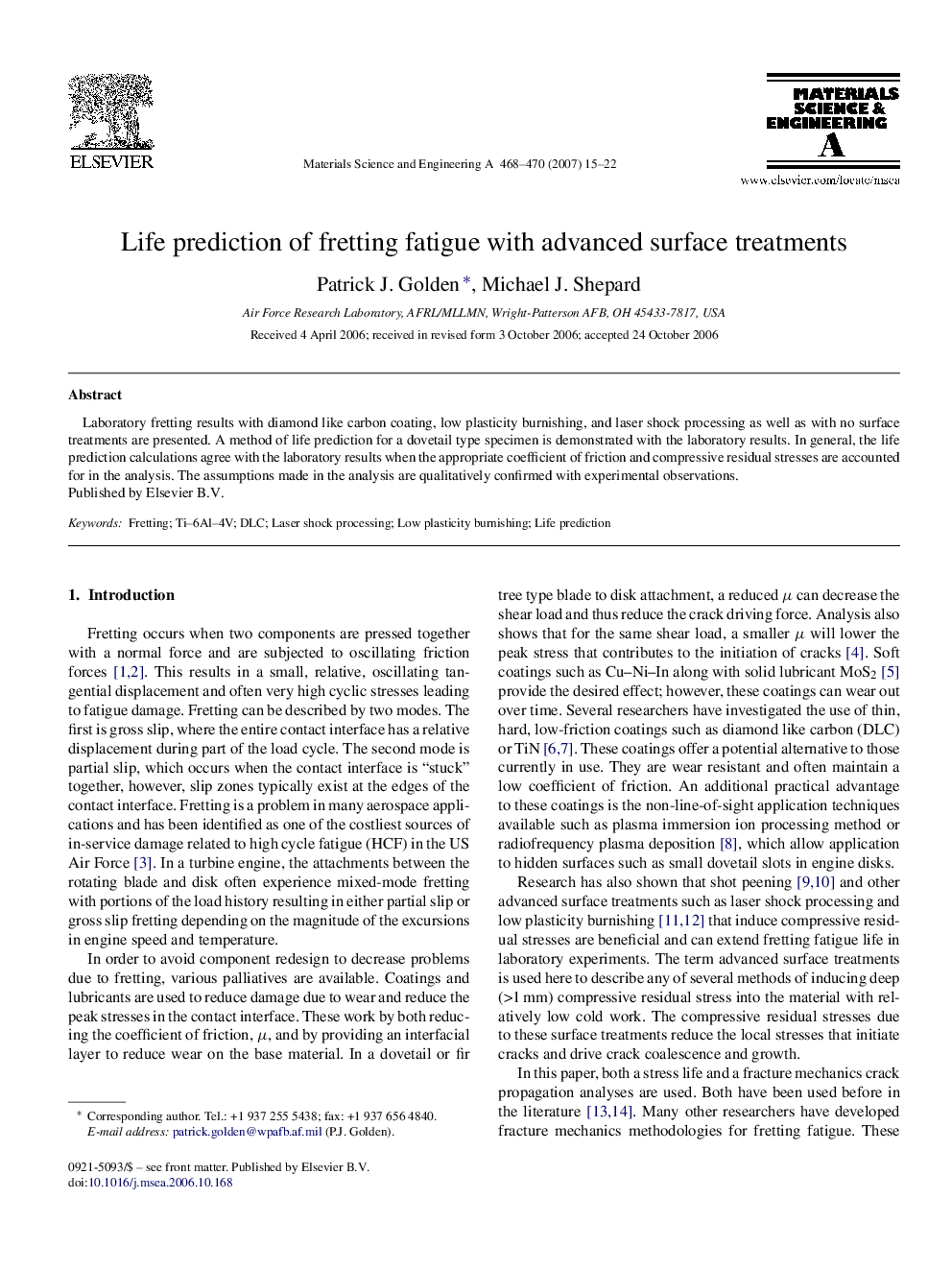 Life prediction of fretting fatigue with advanced surface treatments