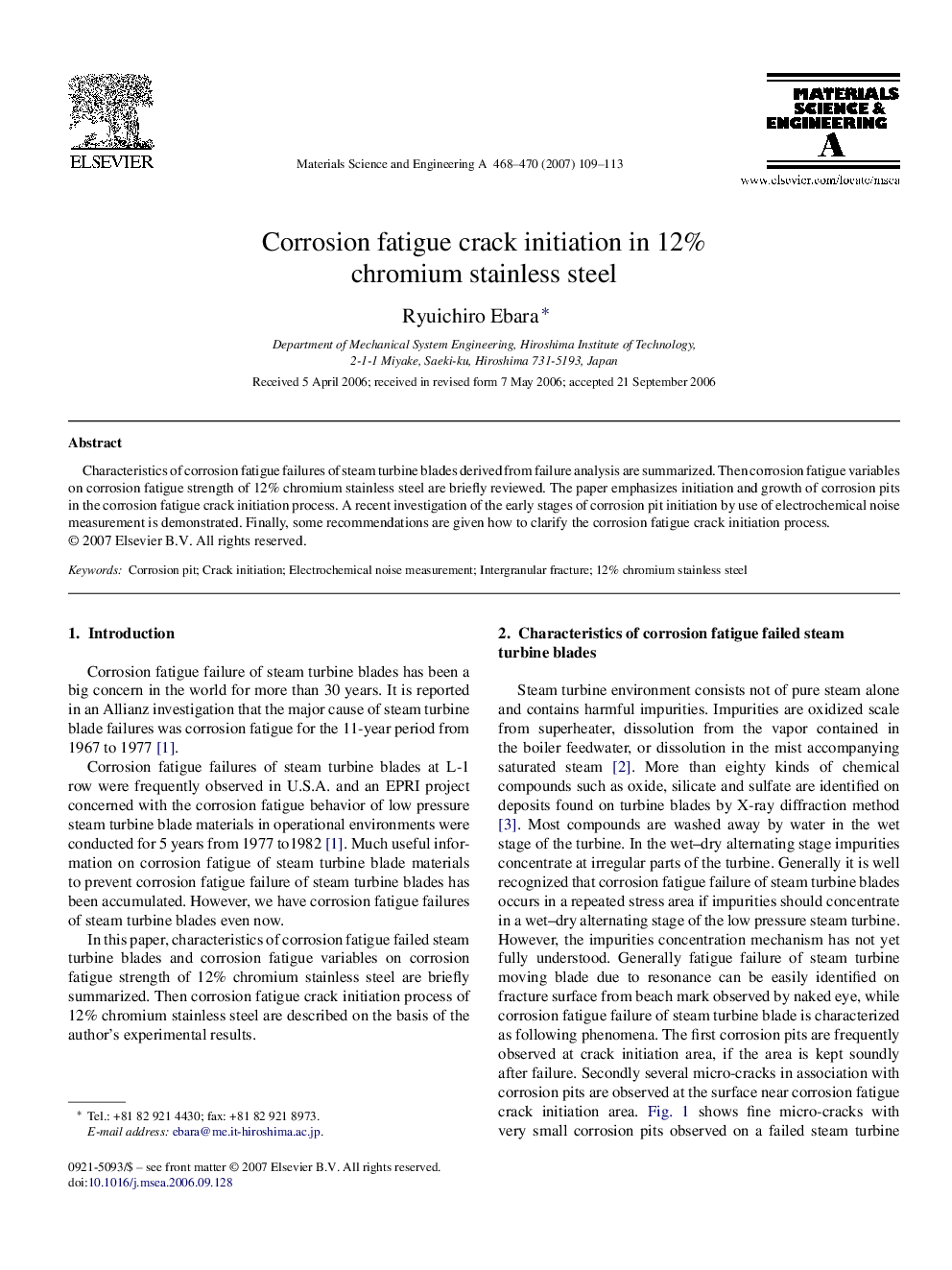 Corrosion fatigue crack initiation in 12% chromium stainless steel