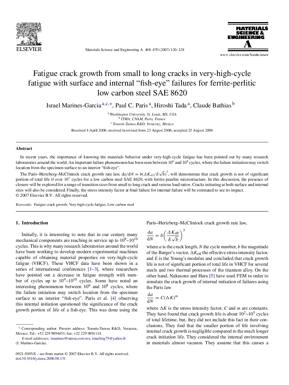 Fatigue crack growth from small to long cracks in very-high-cycle fatigue with surface and internal “fish-eye” failures for ferrite-perlitic low carbon steel SAE 8620