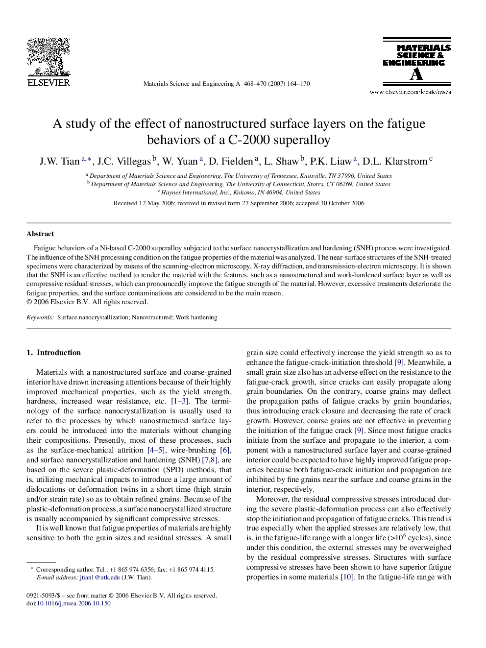 A study of the effect of nanostructured surface layers on the fatigue behaviors of a C-2000 superalloy