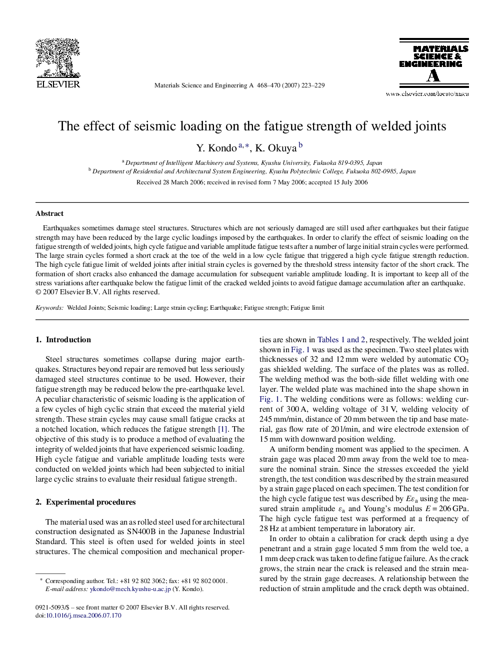 The effect of seismic loading on the fatigue strength of welded joints