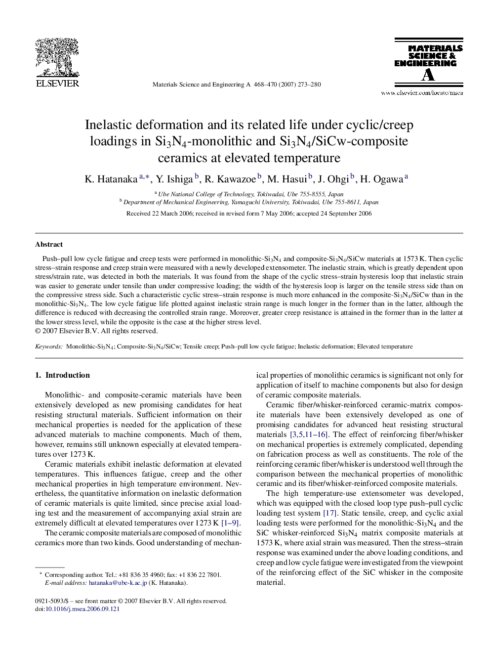 Inelastic deformation and its related life under cyclic/creep loadings in Si3N4-monolithic and Si3N4/SiCw-composite ceramics at elevated temperature