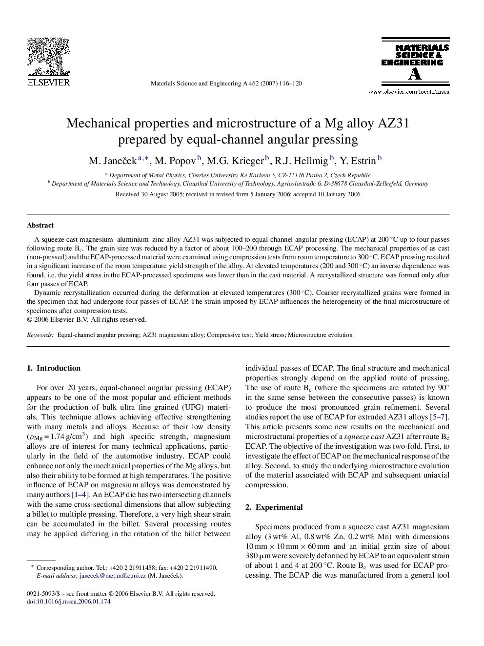 Mechanical properties and microstructure of a Mg alloy AZ31 prepared by equal-channel angular pressing