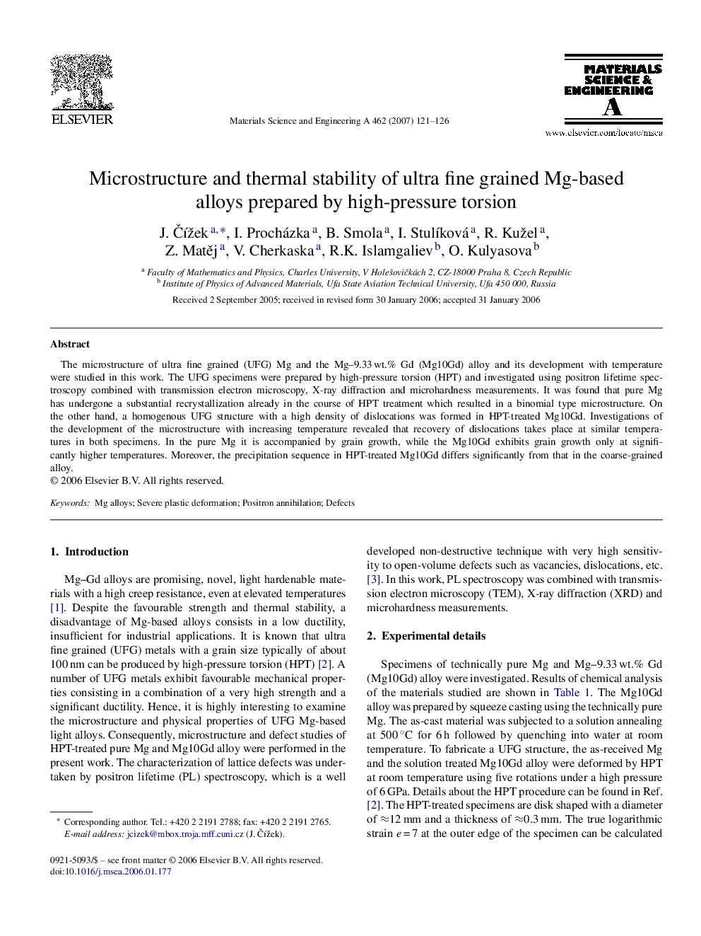 Microstructure and thermal stability of ultra fine grained Mg-based alloys prepared by high-pressure torsion