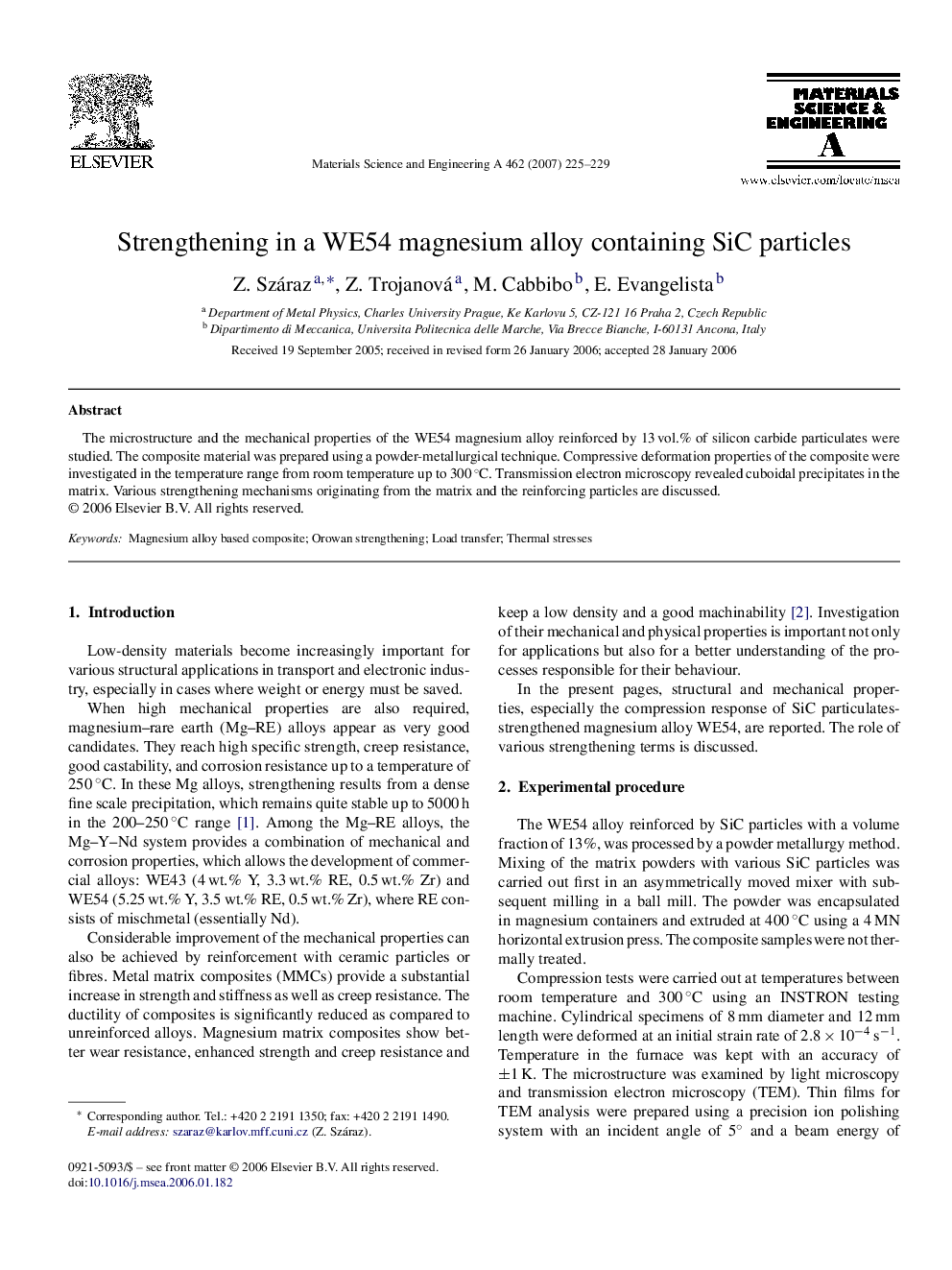 Strengthening in a WE54 magnesium alloy containing SiC particles