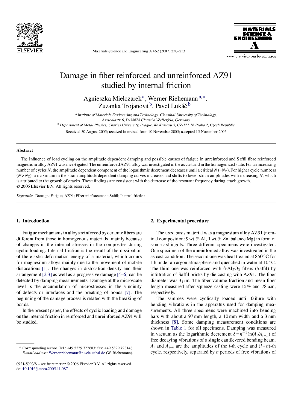 Damage in fiber reinforced and unreinforced AZ91 studied by internal friction