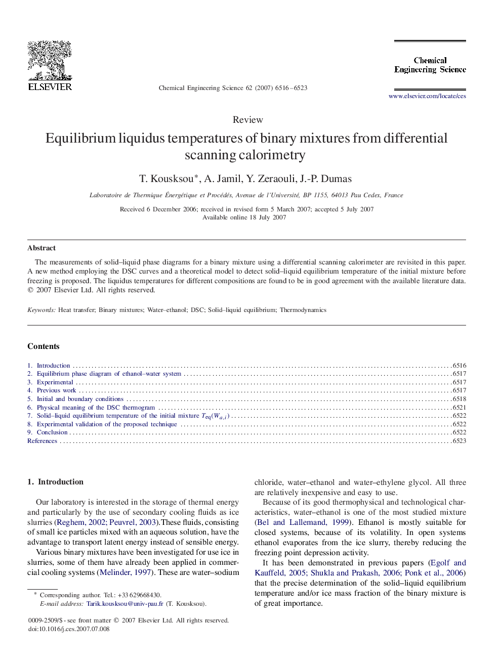 Equilibrium liquidus temperatures of binary mixtures from differential scanning calorimetry