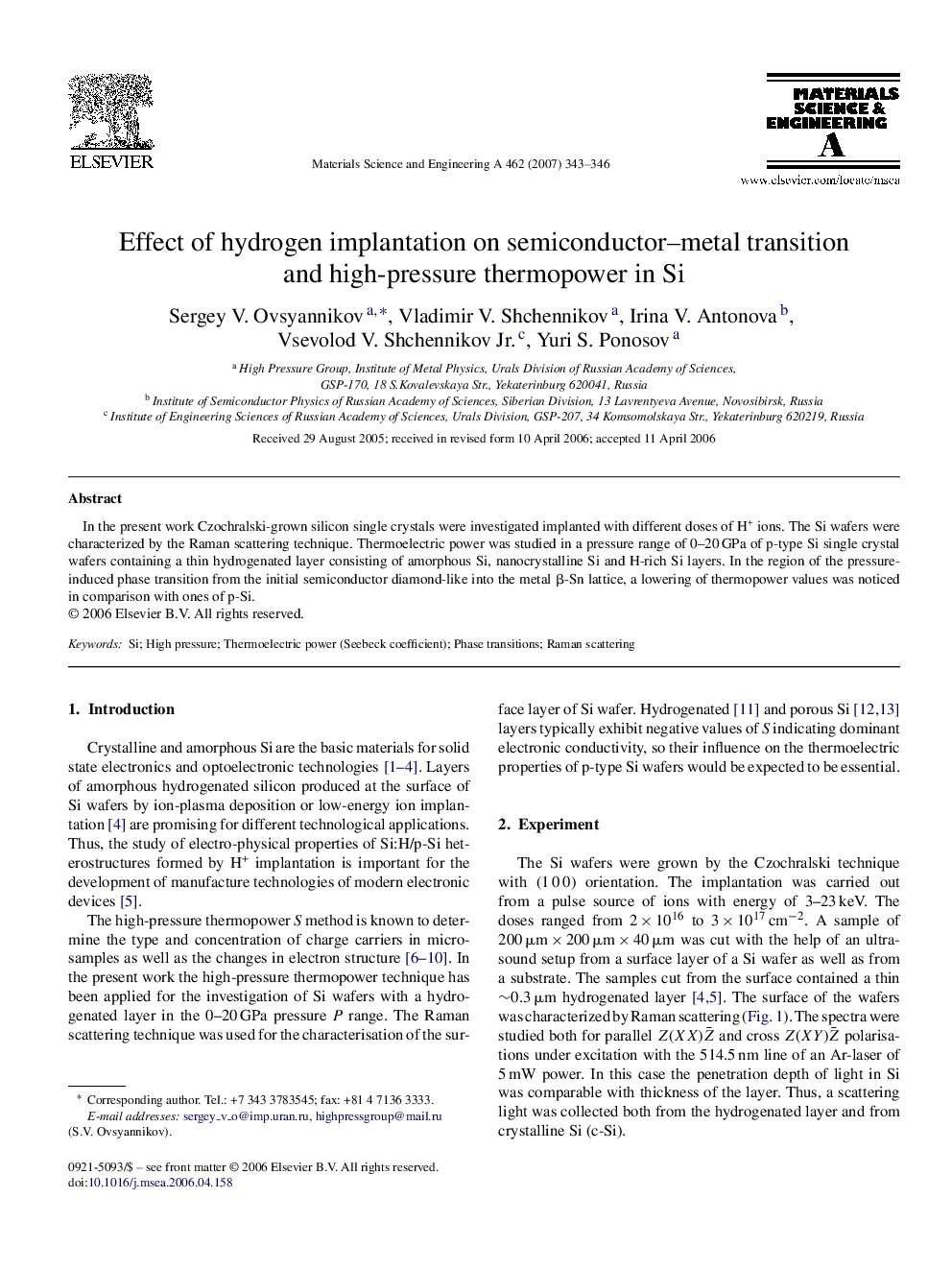 Effect of hydrogen implantation on semiconductor-metal transition and high-pressure thermopower in Si