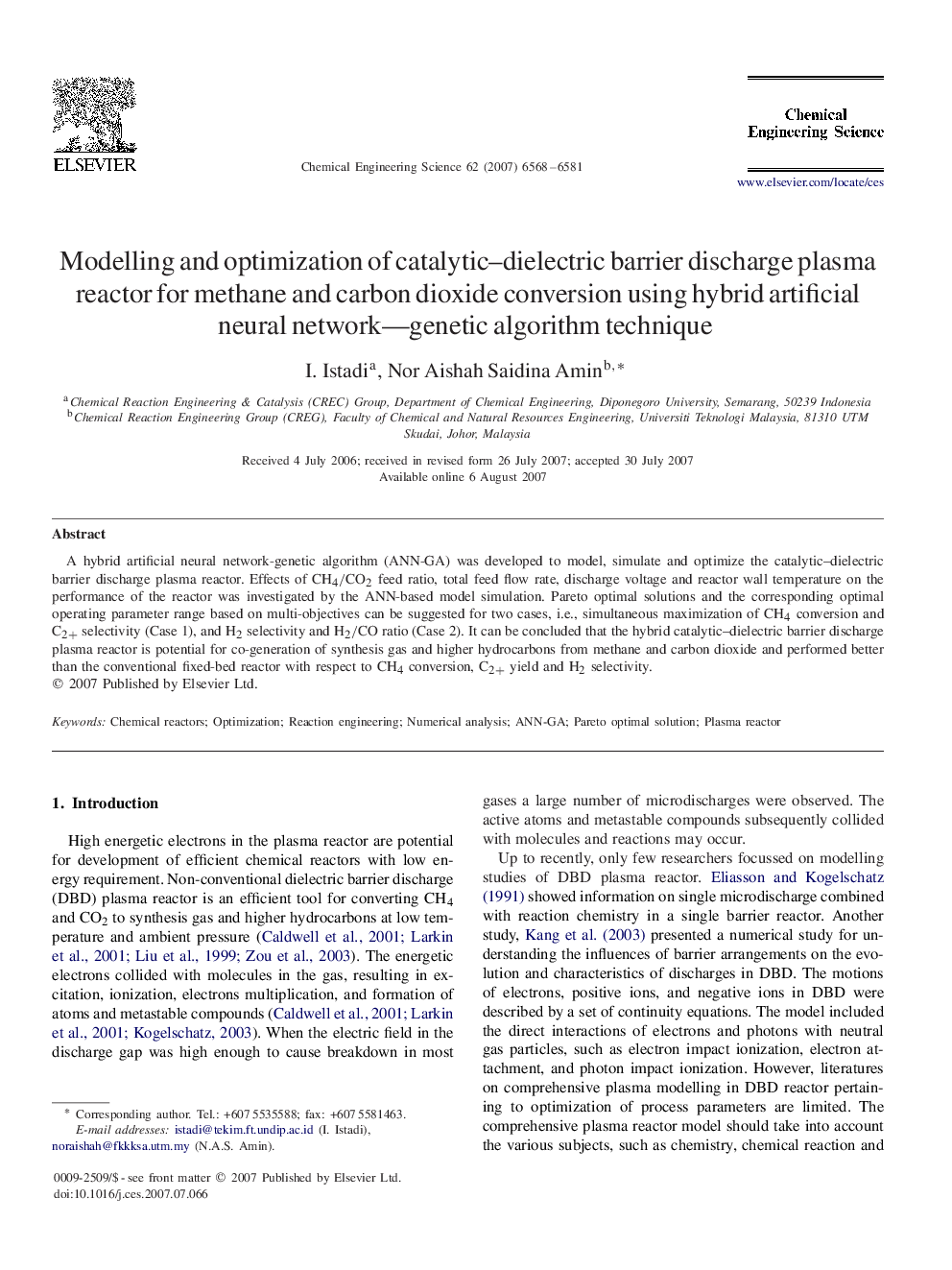 Modelling and optimization of catalytic–dielectric barrier discharge plasma reactor for methane and carbon dioxide conversion using hybrid artificial neural network—genetic algorithm technique