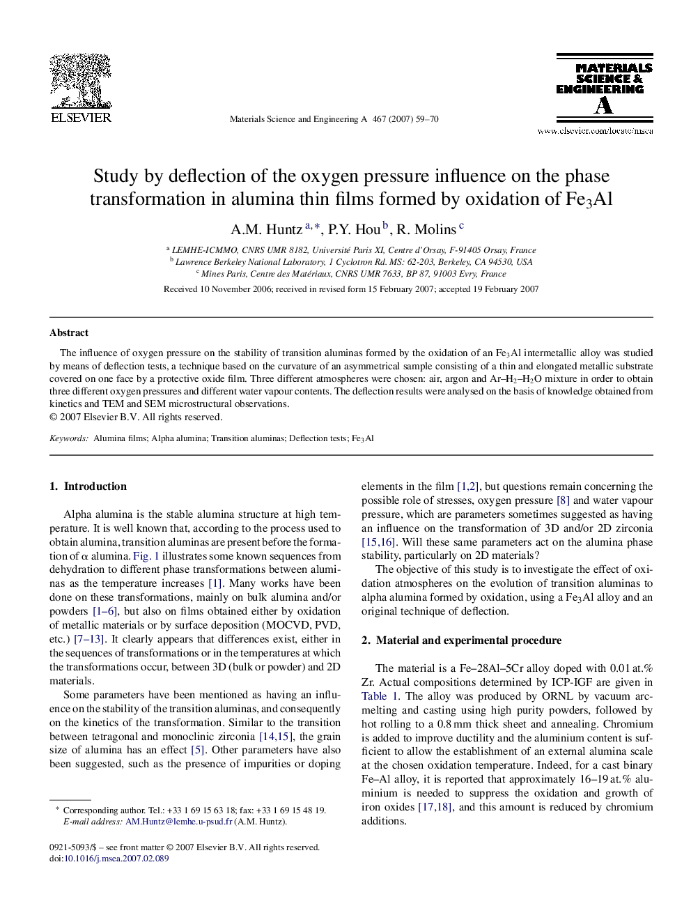 Study by deflection of the oxygen pressure influence on the phase transformation in alumina thin films formed by oxidation of Fe3Al