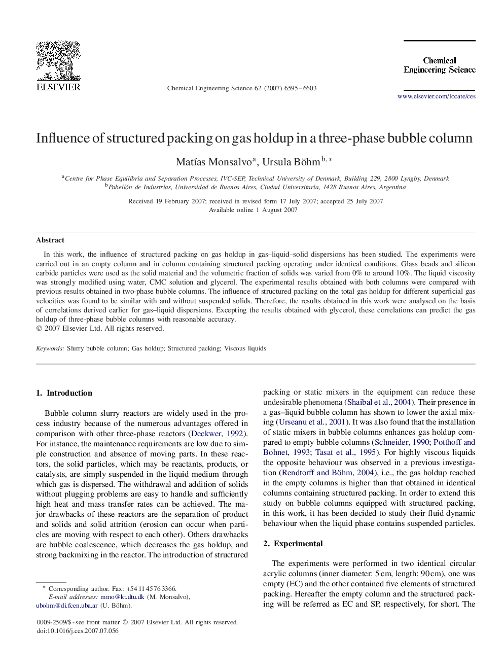 Influence of structured packing on gas holdup in a three-phase bubble column