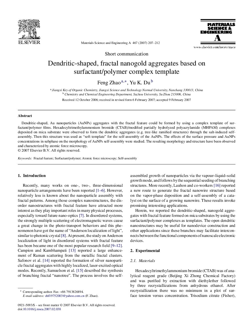 Dendritic-shaped, fractal nanogold aggregates based on surfactant/polymer complex template