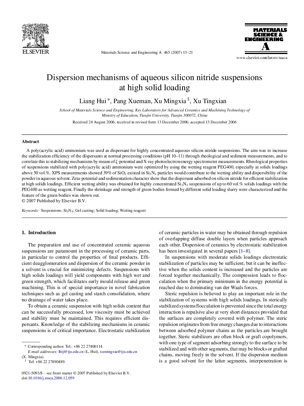 Dispersion mechanisms of aqueous silicon nitride suspensions at high solid loading