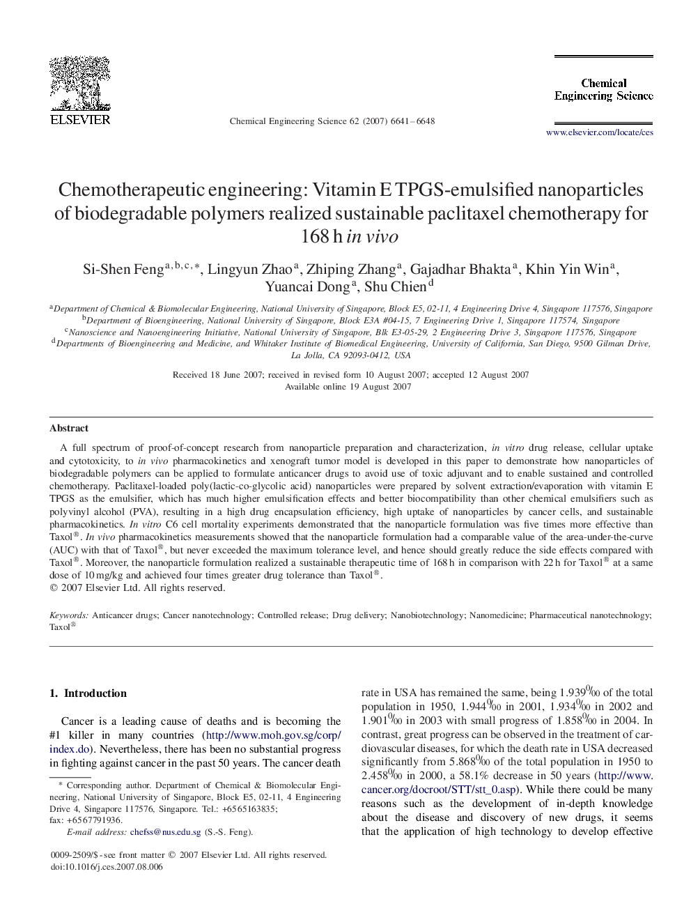 عکس صفحه اول مقاله: Chemotherapeutic engineering: Vitamin E TPGS-emulsified nanoparticles of biodegradable polymers realized sustainable paclitaxel chemotherapy for 168 h in vivo Chemotherapeutic engineering: Vitamin E TPGS-emulsified nanoparticles of biodegradable polymers realized sustainable paclitaxel chemotherapy for 168 h in vivo