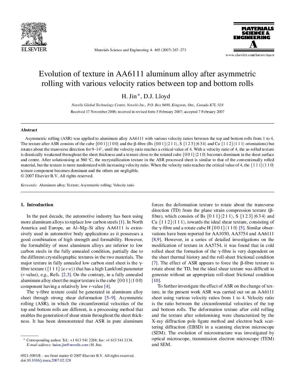 Evolution of texture in AA6111 aluminum alloy after asymmetric rolling with various velocity ratios between top and bottom rolls