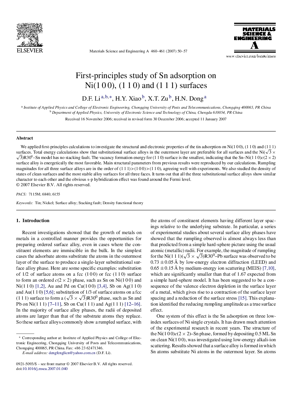 First-principles study of Sn adsorption on Ni(1Â 0Â 0), (1Â 1Â 0) and (1Â 1Â 1) surfaces