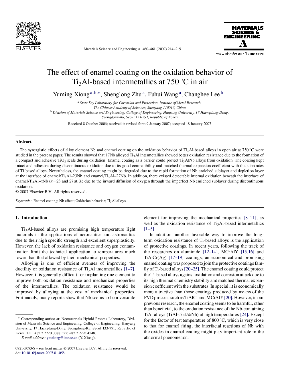 The effect of enamel coating on the oxidation behavior of Ti3Al-based intermetallics at 750Â Â°C in air