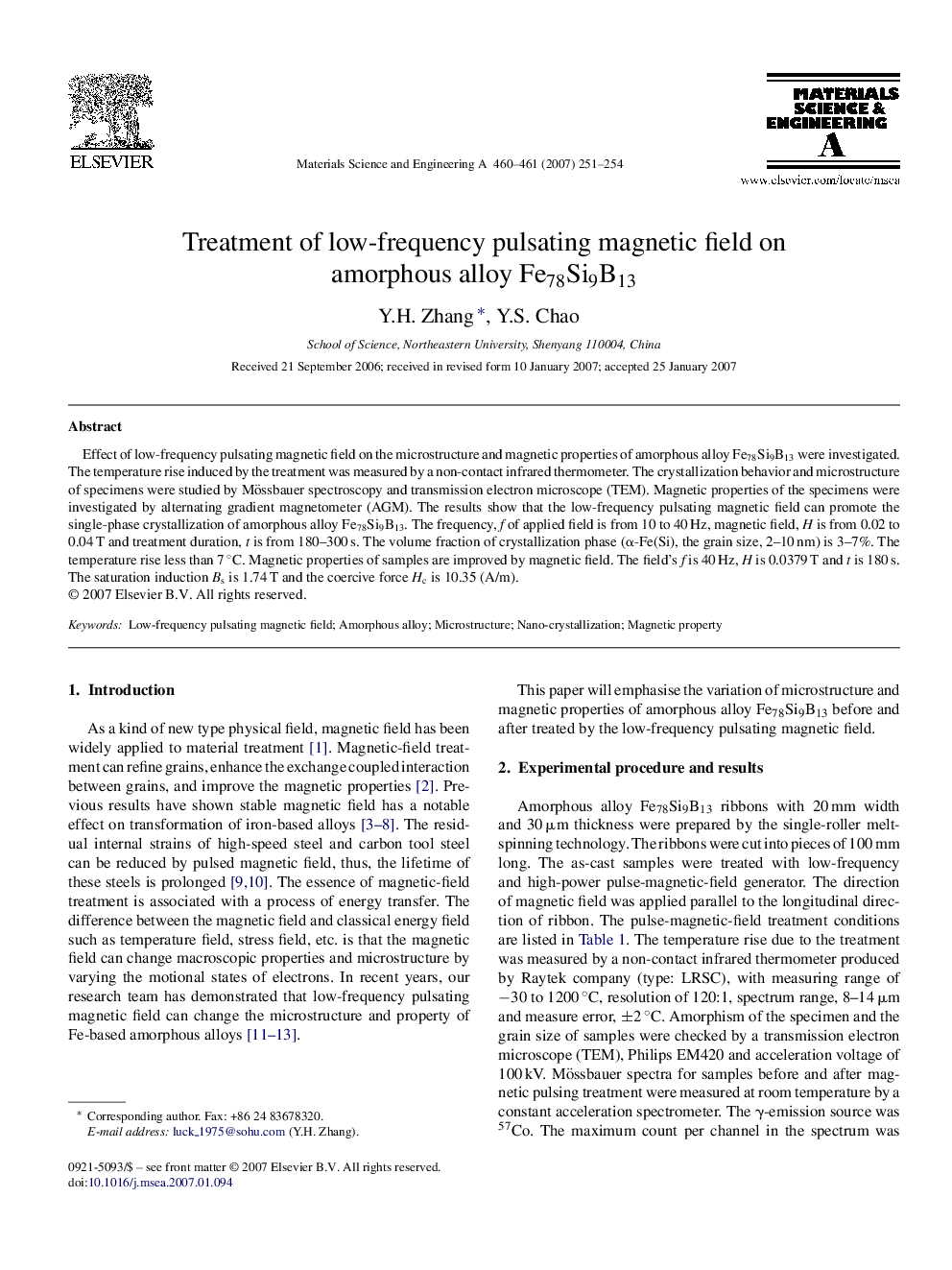 Treatment of low-frequency pulsating magnetic field on amorphous alloy Fe78Si9B13