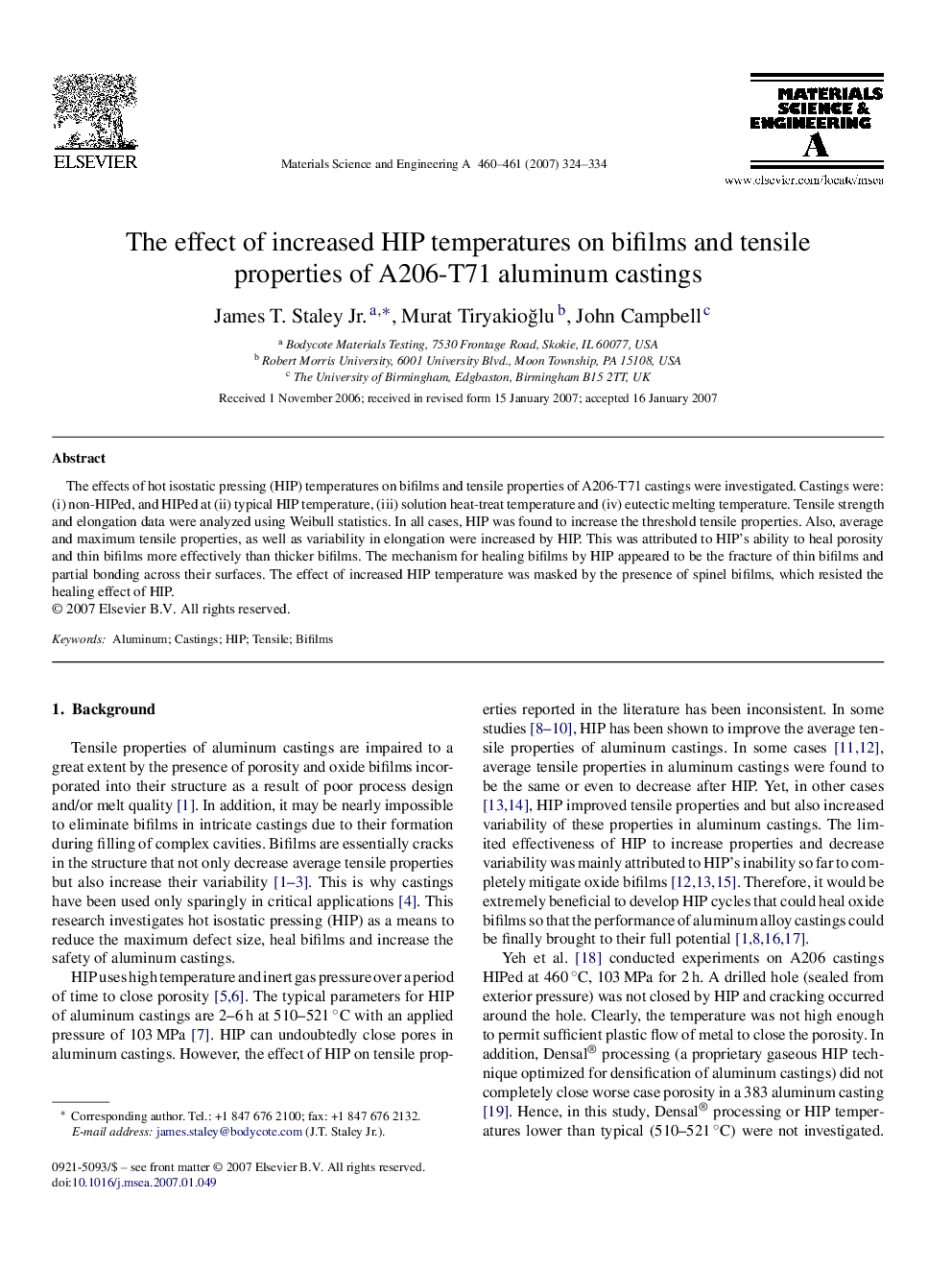 The effect of increased HIP temperatures on bifilms and tensile properties of A206-T71 aluminum castings