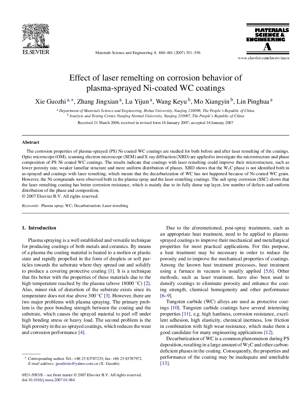 Effect of laser remelting on corrosion behavior of plasma-sprayed Ni-coated WC coatings