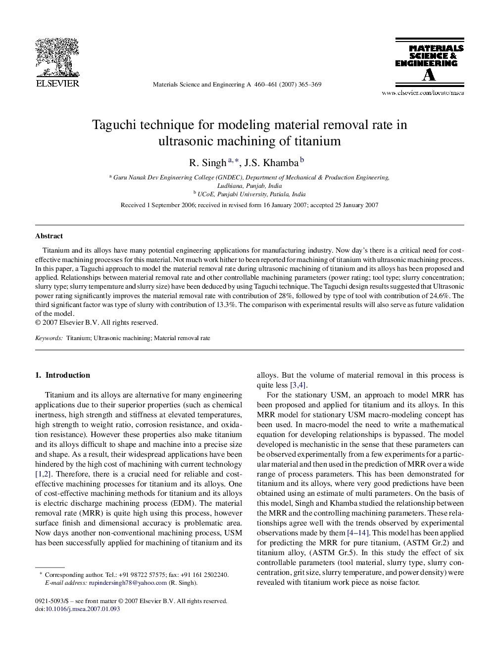 Taguchi technique for modeling material removal rate in ultrasonic machining of titanium