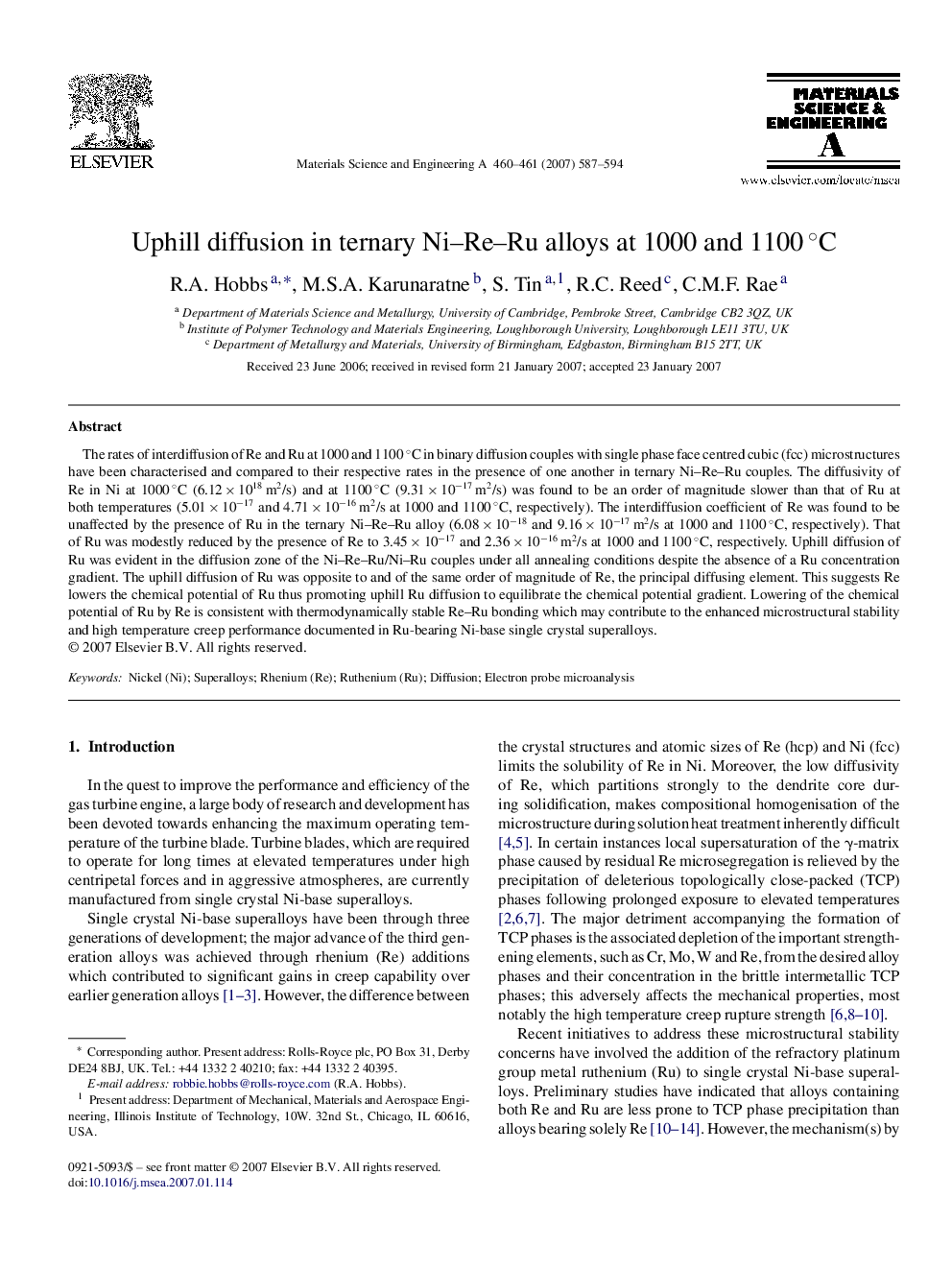 Uphill diffusion in ternary Ni–Re–Ru alloys at 1000 and 1100 °C