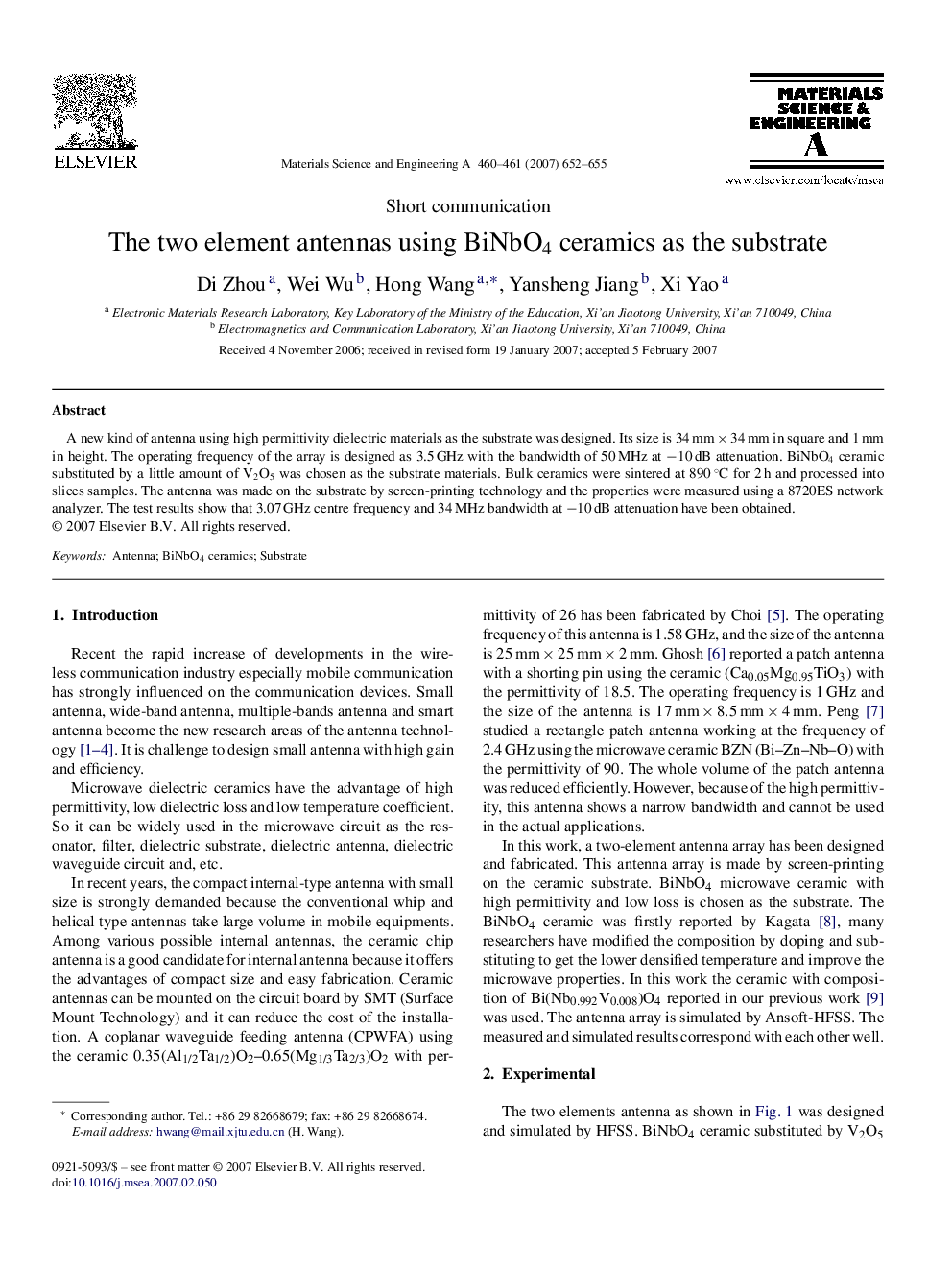 The two element antennas using BiNbO4 ceramics as the substrate