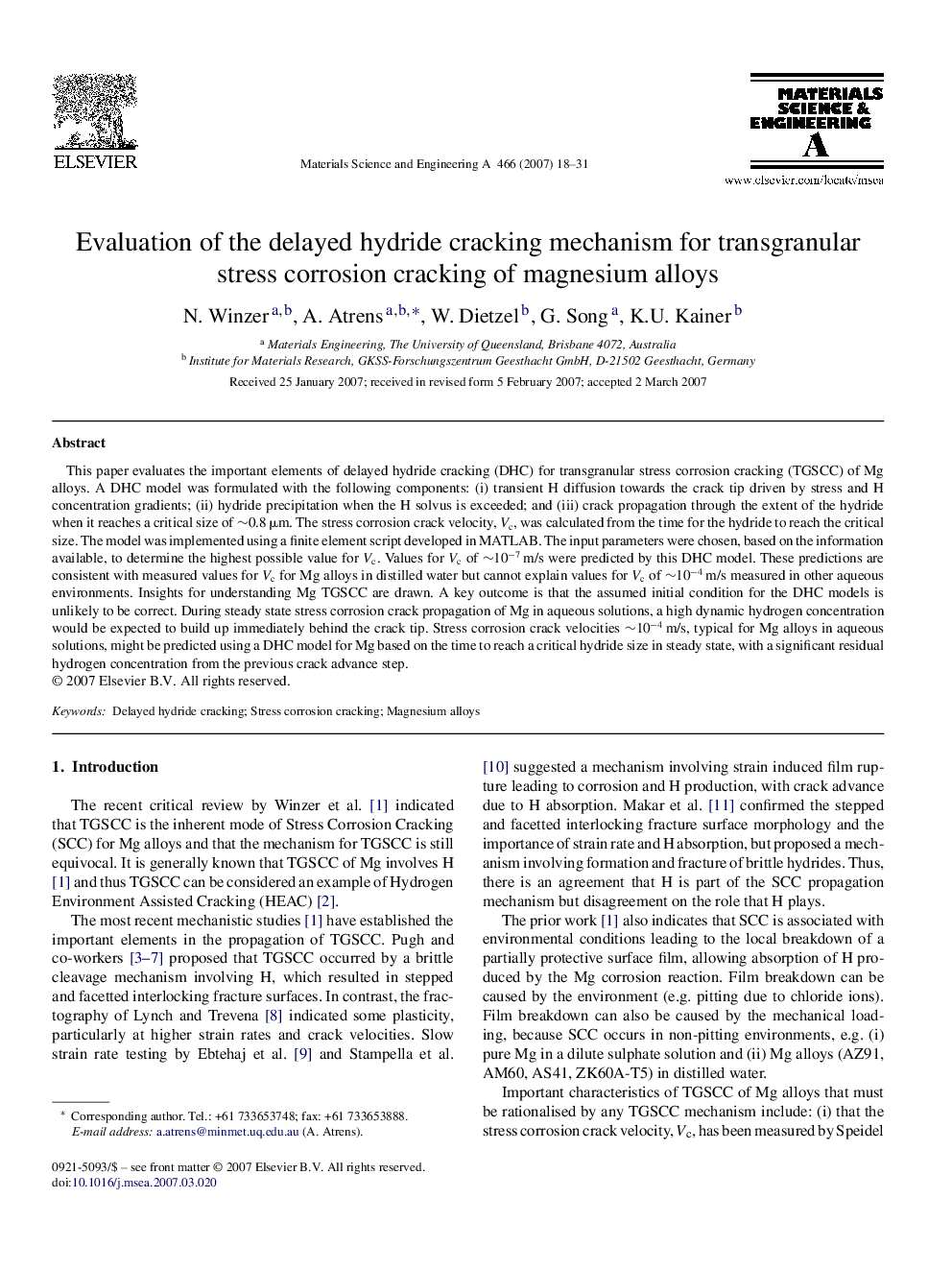 Evaluation of the delayed hydride cracking mechanism for transgranular stress corrosion cracking of magnesium alloys