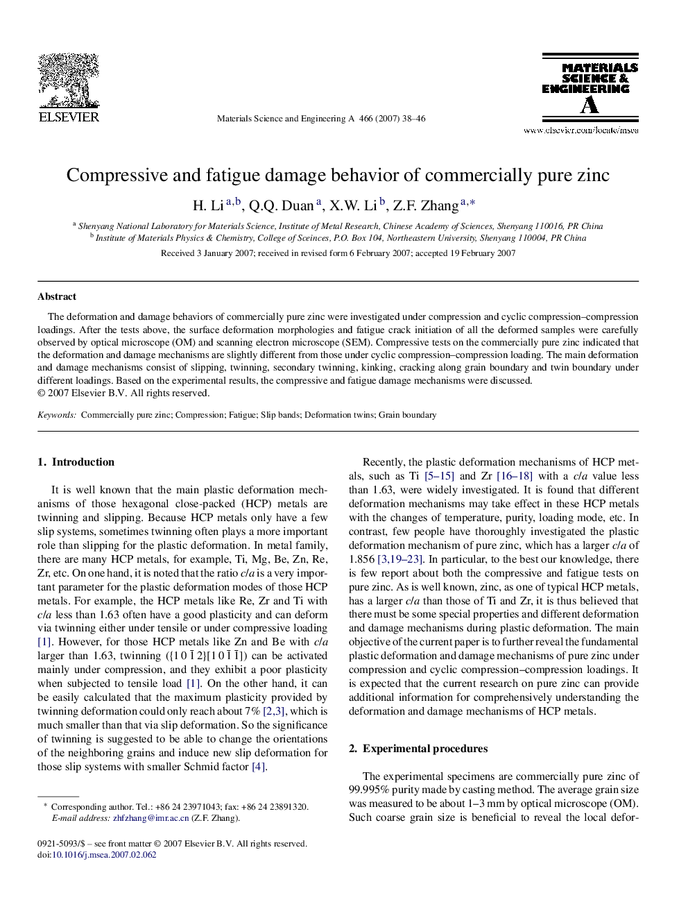 Compressive and fatigue damage behavior of commercially pure zinc