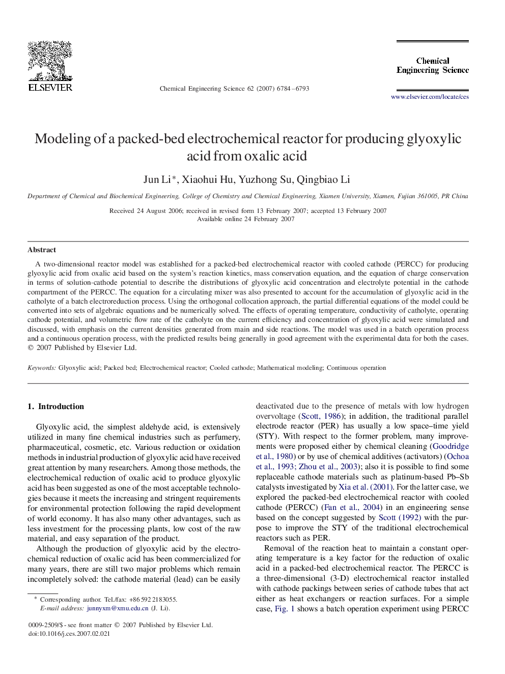 Modeling of a packed-bed electrochemical reactor for producing glyoxylic acid from oxalic acid