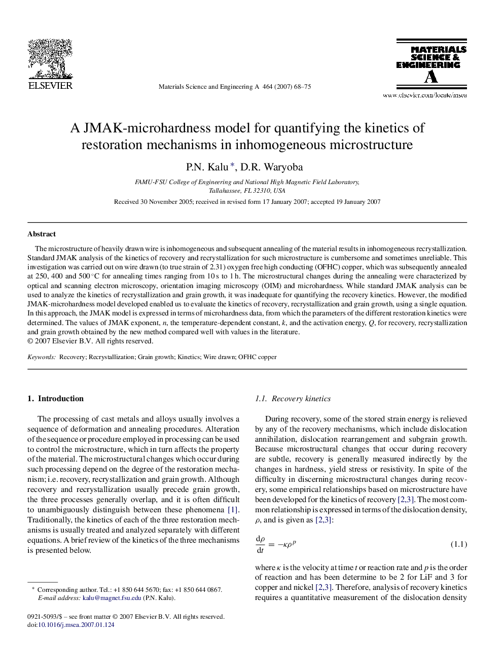 A JMAK-microhardness model for quantifying the kinetics of restoration mechanisms in inhomogeneous microstructure