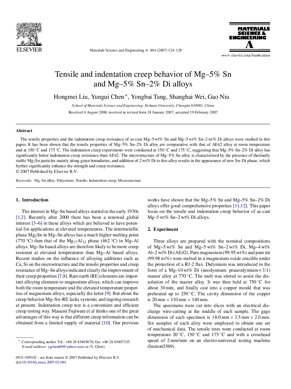 Tensile and indentation creep behavior of Mg-5% Sn and Mg-5% Sn-2% Di alloys