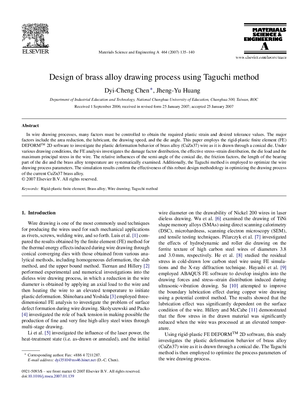 Design of brass alloy drawing process using Taguchi method